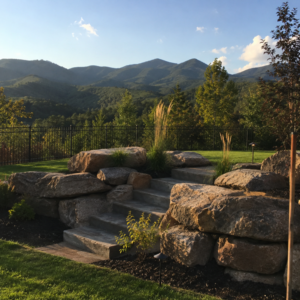 Boulder wall with steps in Pickens County at sunset